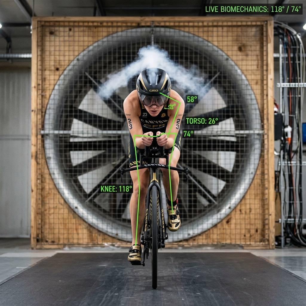 Triathlete in wind tunnel with right-side biomechanical tracking angles
